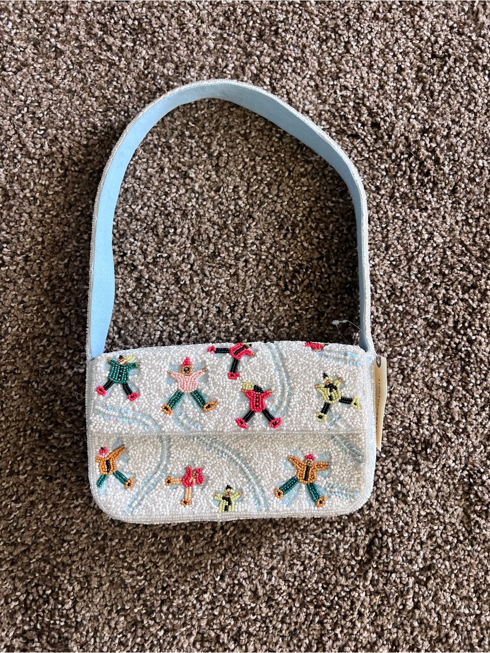 Anthropologie White Beaded Mini Bag with Light Blue Strap and Multicolor Accents